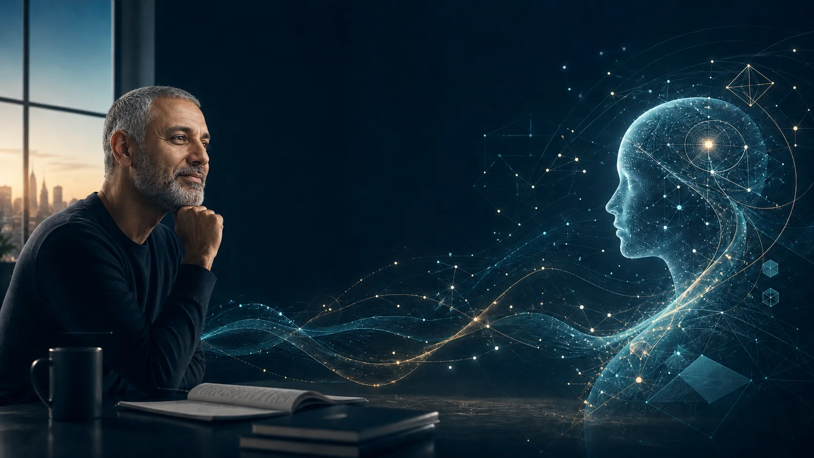 Mani Sandher in reflective conversation with an abstract AI presence representing Floyd, his OpenClaw agent.